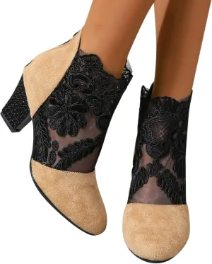 Women's Ankle Boots Low Heel Black Wedge Boots Chunky Block Heel Two Tone Round Toe Side Zipper Dress Fall Booties
