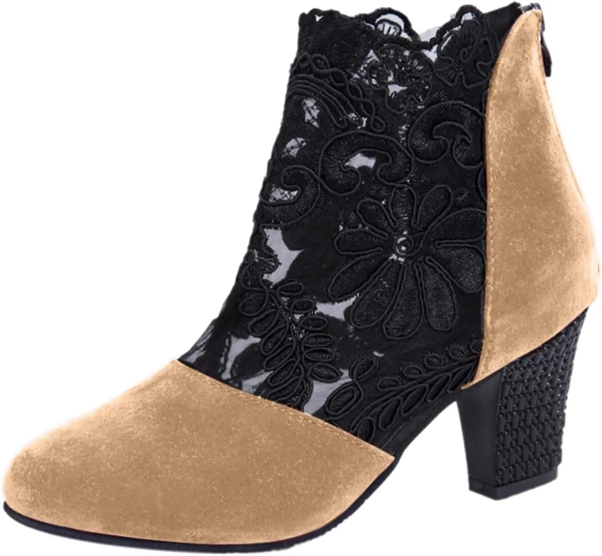 Women's Ankle Boots Low Heel Black Wedge Boots Chunky Block Heel Two Tone Round Toe Side Zipper Dress Fall Booties