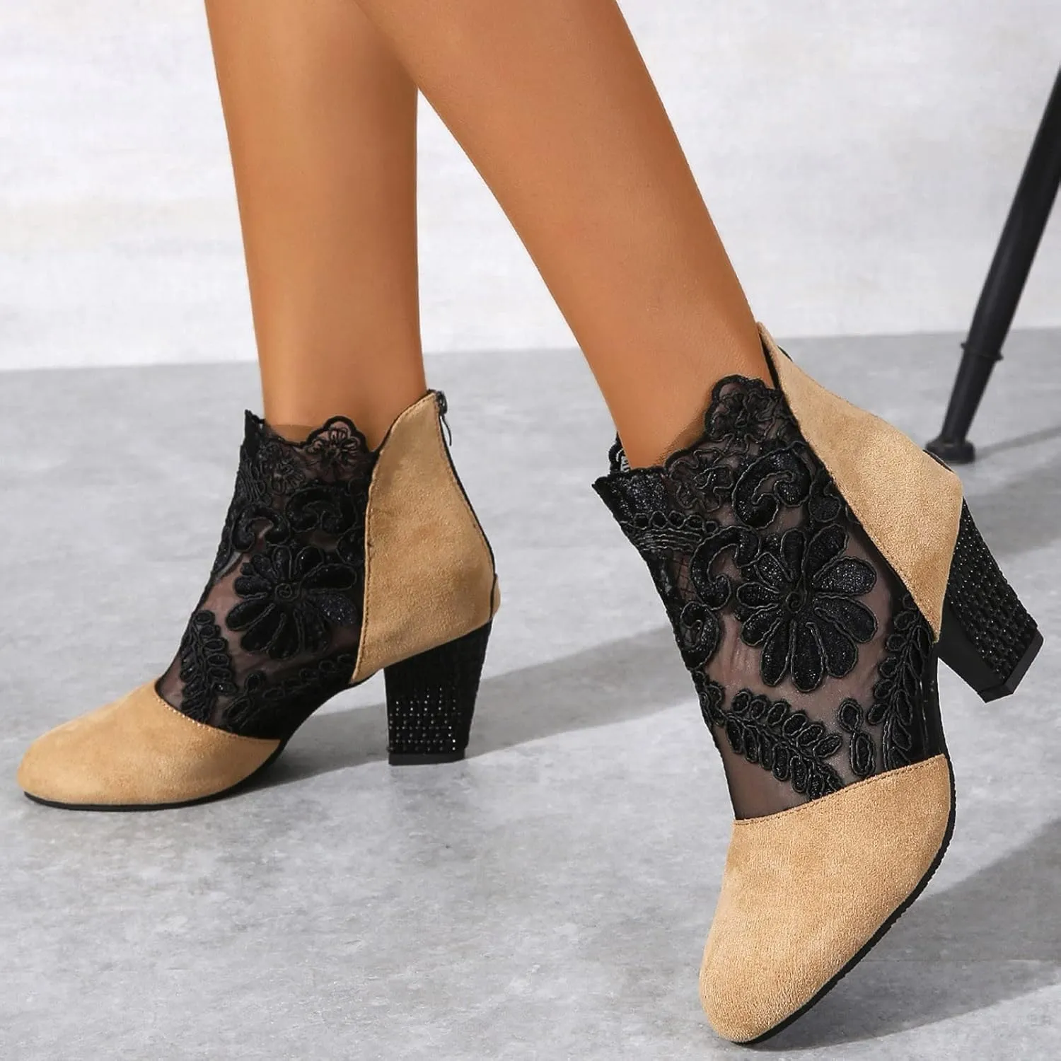 Women's Ankle Boots Low Heel Black Wedge Boots Chunky Block Heel Two Tone Round Toe Side Zipper Dress Fall Booties
