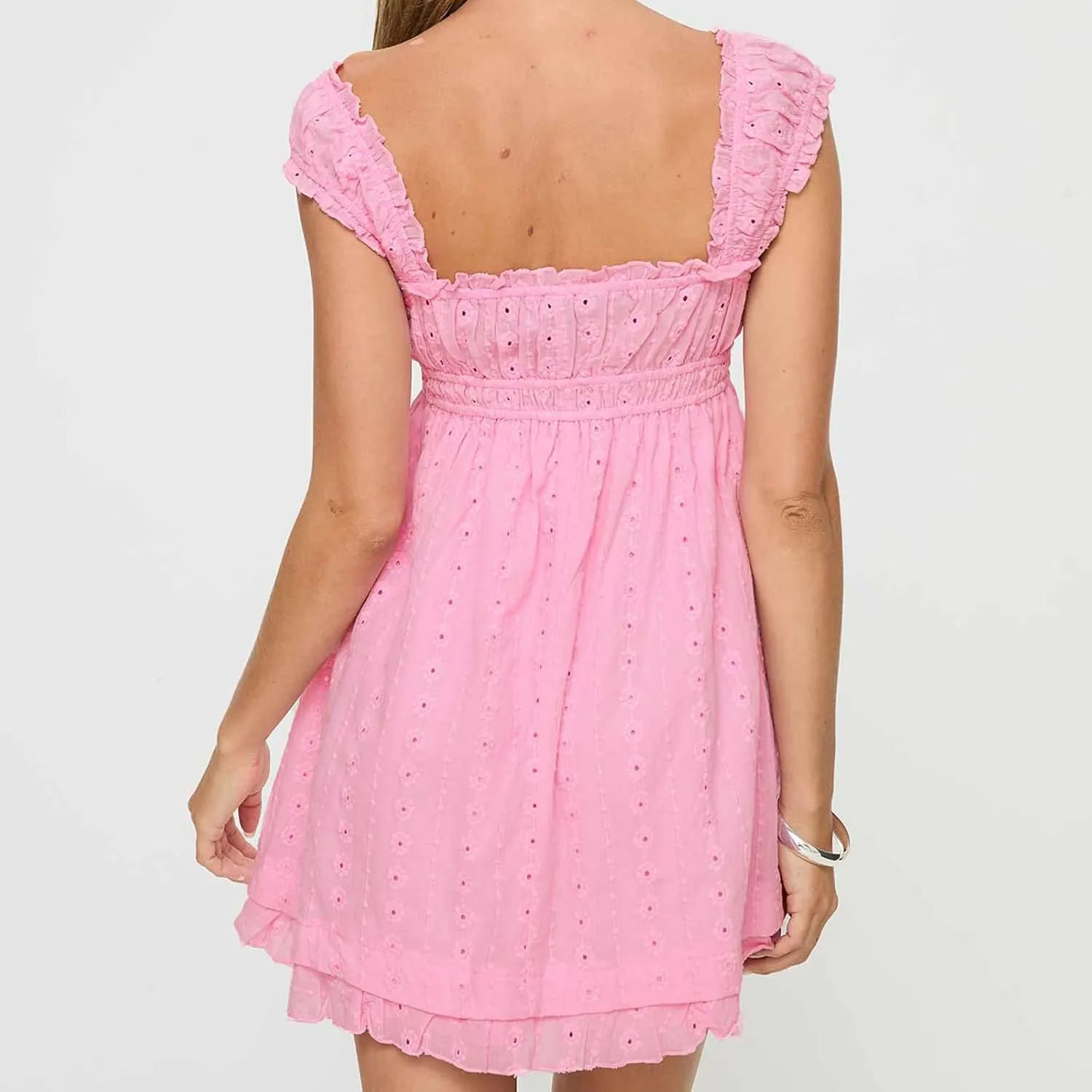 Women's Babydoll Mini Dress Floral Embroidery Summer Sleeveless Loose A Line Flowy Short Sundress for Beach Club Party