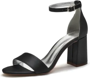 Women's Block Heels Wedding Sandals for Bride Satin Bridal Shoes Formal Evening Prom Party Shoes
