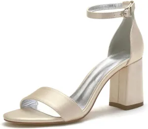 Women's Block Heels Wedding Sandals for Bride Satin Bridal Shoes Formal Evening Prom Party Shoes