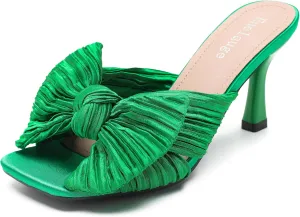 Women's Bow Knot Heeled Sandals Open Toe Low Kitten Heels Mules Sandals Slip On Pleated Wedding Bridal Party Dress Shoes