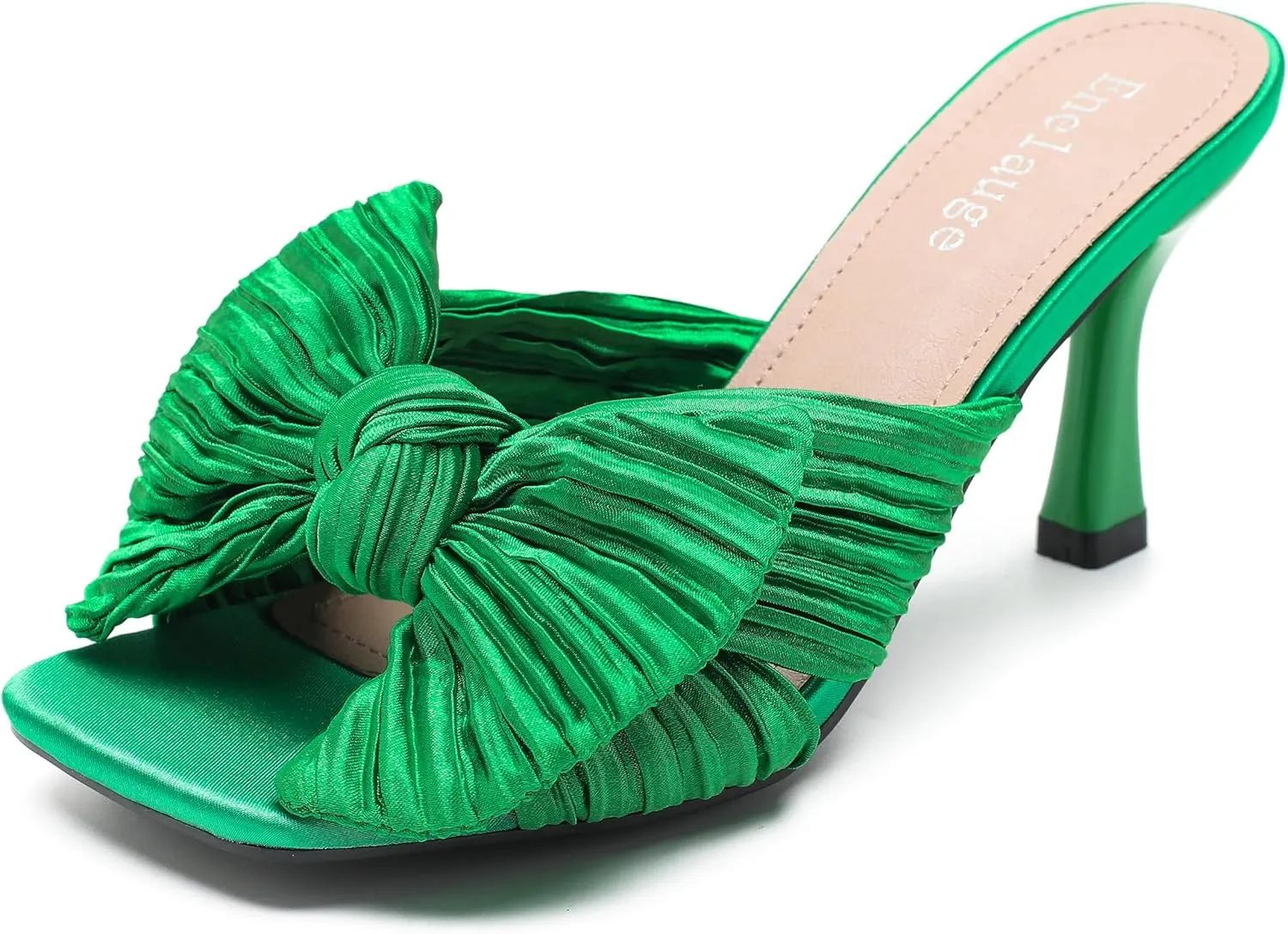 Women's Bow Knot Heeled Sandals Open Toe Low Kitten Heels Mules Sandals Slip On Pleated Wedding Bridal Party Dress Shoes
