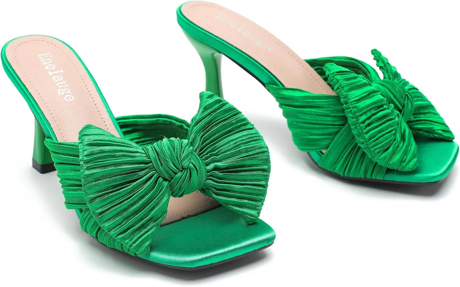 Women's Bow Knot Heeled Sandals Open Toe Low Kitten Heels Mules Sandals Slip On Pleated Wedding Bridal Party Dress Shoes