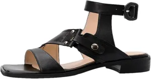 Womens Buckle Strap Back Strap Square Heel Open Side Vamp Gladiator Sandals Cow Leather Low Heel Casual Metal Buckle Summer Sandals