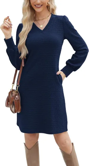 Womens Casual Dresses Long Sleeve Sexy Wrap V Neck Mini Dress with Pockets Winter Fall Spring Trendy Outfit
