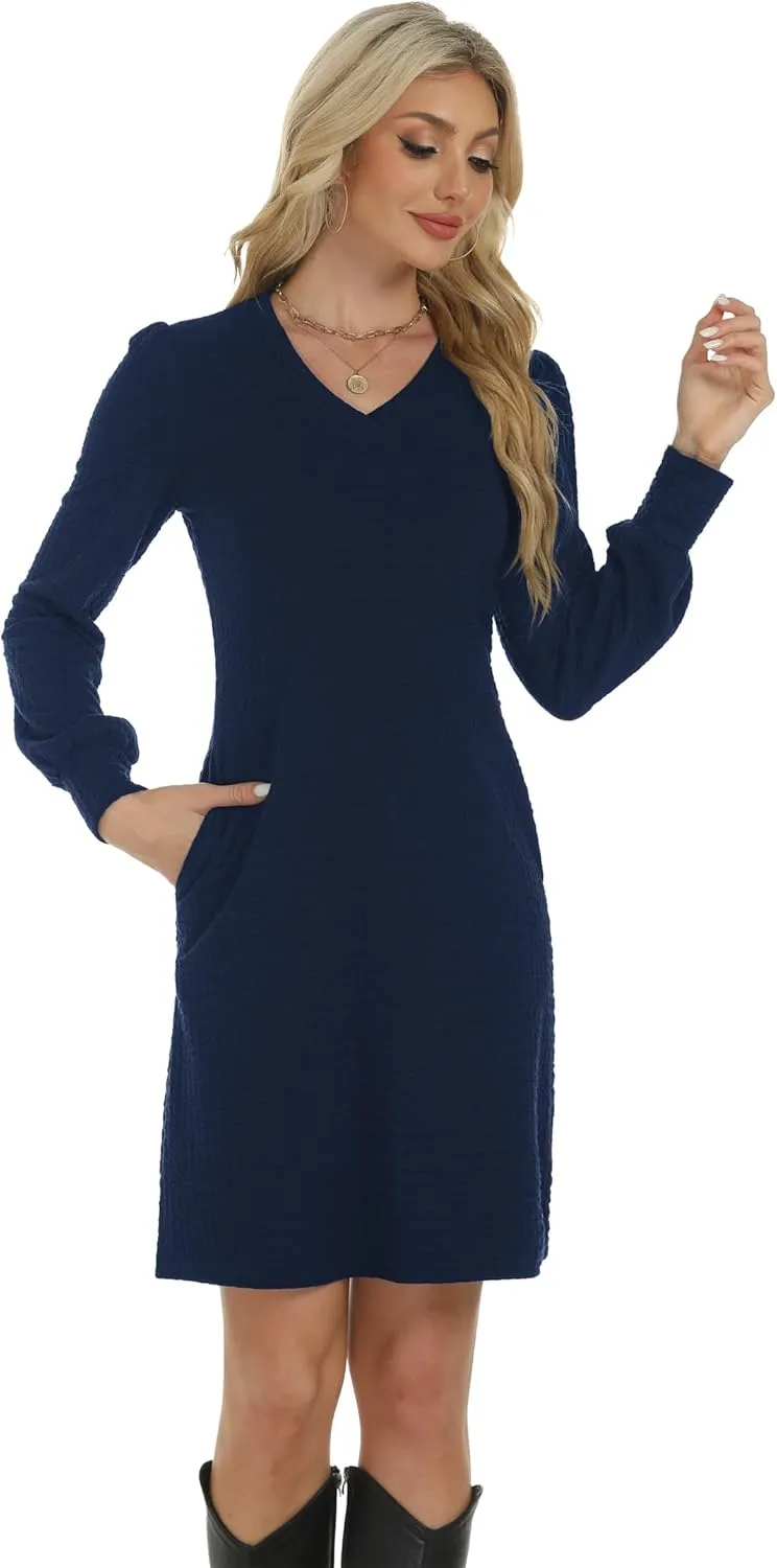 Womens Casual Dresses Long Sleeve Sexy Wrap V Neck Mini Dress with Pockets Winter Fall Spring Trendy Outfit