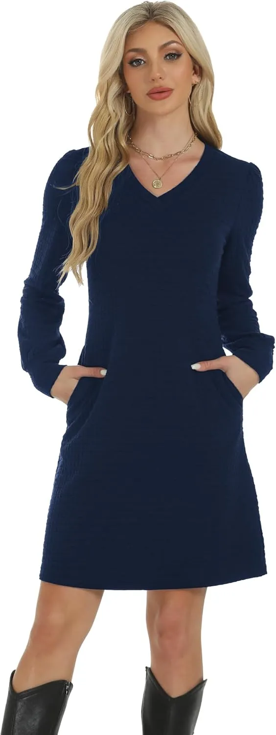 Womens Casual Dresses Long Sleeve Sexy Wrap V Neck Mini Dress with Pockets Winter Fall Spring Trendy Outfit