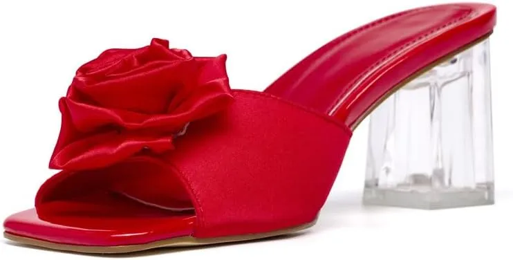 Womens Clear Crystal Heels Sandals Fashion Satin Bow Tie Chunky Heels Backless Open Toe Slip On Pump Mules