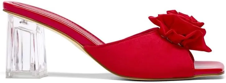 Womens Clear Crystal Heels Sandals Fashion Satin Bow Tie Chunky Heels Backless Open Toe Slip On Pump Mules