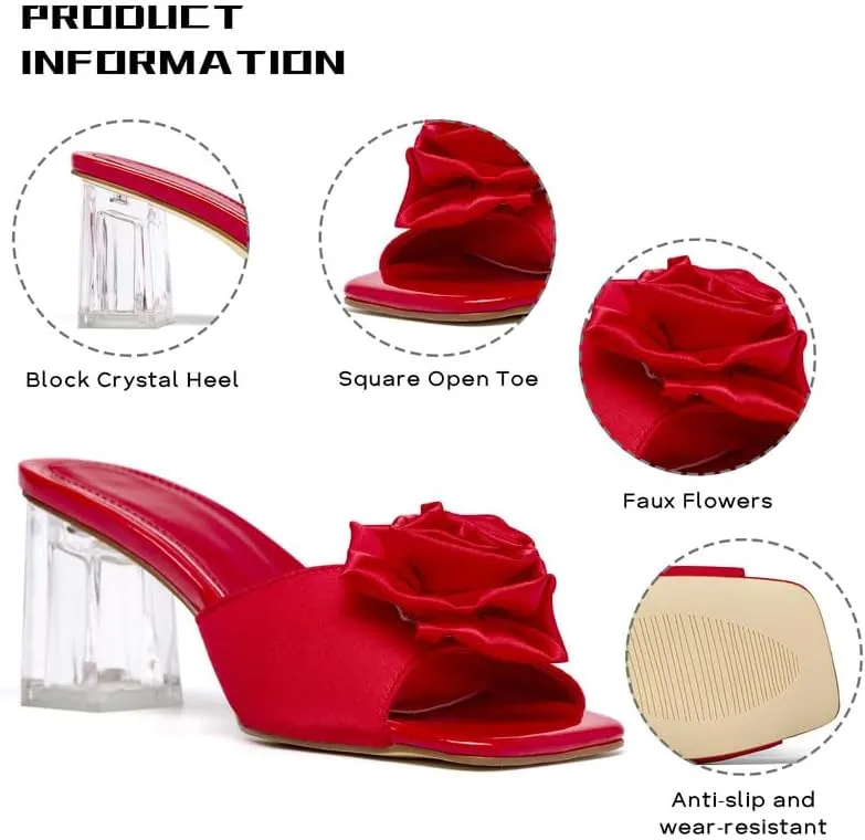 Womens Clear Crystal Heels Sandals Fashion Satin Bow Tie Chunky Heels Backless Open Toe Slip On Pump Mules