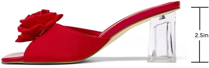 Womens Clear Crystal Heels Sandals Fashion Satin Bow Tie Chunky Heels Backless Open Toe Slip On Pump Mules