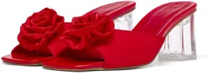 Womens Clear Crystal Heels Sandals Fashion Satin Bow Tie Chunky Heels Backless Open Toe Slip On Pump Mules