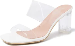 Women's Clear Heeled Sandals Transparent Block Chunky Heels Backless Two Strap Square Open Toe Slip on Mules Heeled Slipper Party Dress Shoes