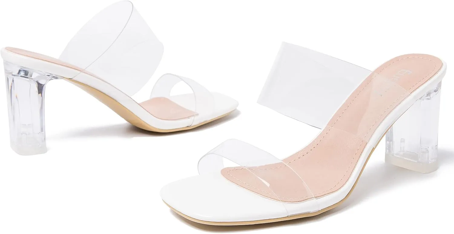 Women's Clear Heeled Sandals Transparent Block Chunky Heels Backless Two Strap Square Open Toe Slip on Mules Heeled Slipper Party Dress Shoes