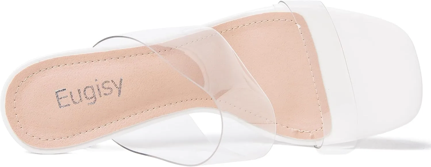 Women's Clear Heeled Sandals Transparent Block Chunky Heels Backless Two Strap Square Open Toe Slip on Mules Heeled Slipper Party Dress Shoes