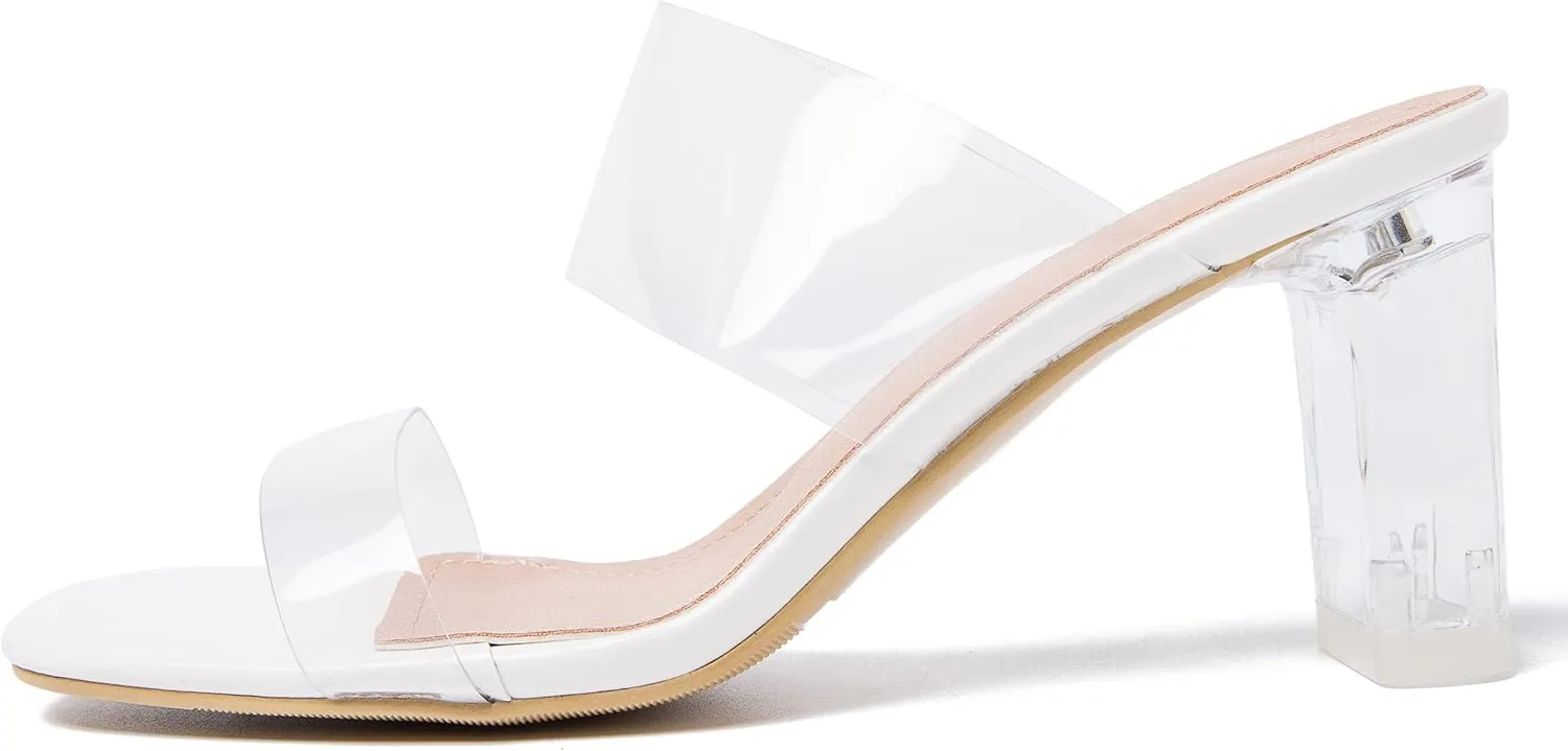 Women's Clear Heeled Sandals Transparent Block Chunky Heels Backless Two Strap Square Open Toe Slip on Mules Heeled Slipper Party Dress Shoes