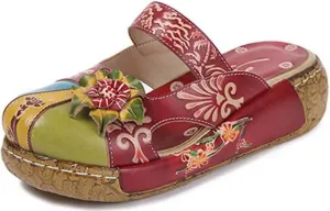 Women's Colorful Leather Slipper Vintage Flower Sandals Boho Slippers Platform Flat Backless Sandals for Women
