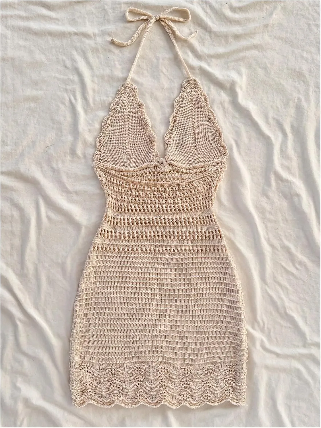 Women's Crochet Knit Halter Mini Dress Tie Front Backless Hollow Out Bodycon Summer Beach Dresses