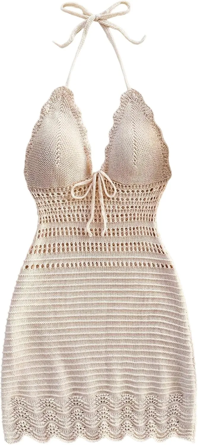 Women's Crochet Knit Halter Mini Dress Tie Front Backless Hollow Out Bodycon Summer Beach Dresses