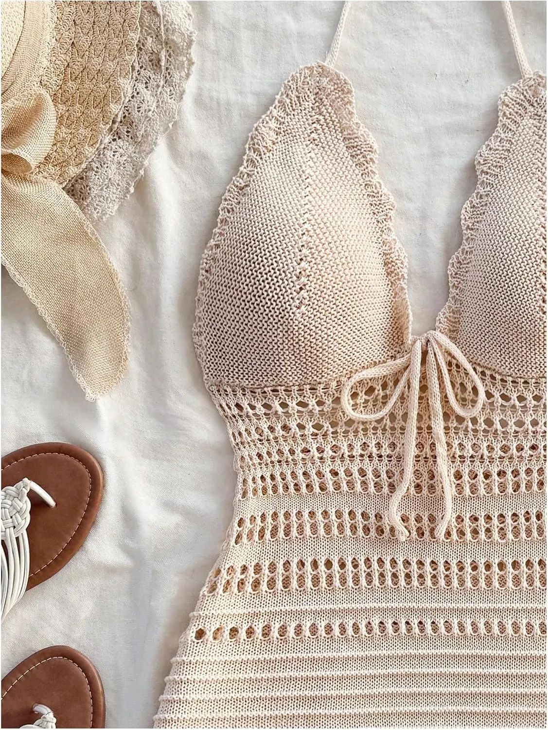 Women's Crochet Knit Halter Mini Dress Tie Front Backless Hollow Out Bodycon Summer Beach Dresses