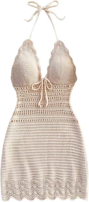 Women's Crochet Knit Halter Mini Dress Tie Front Backless Hollow Out Bodycon Summer Beach Dresses