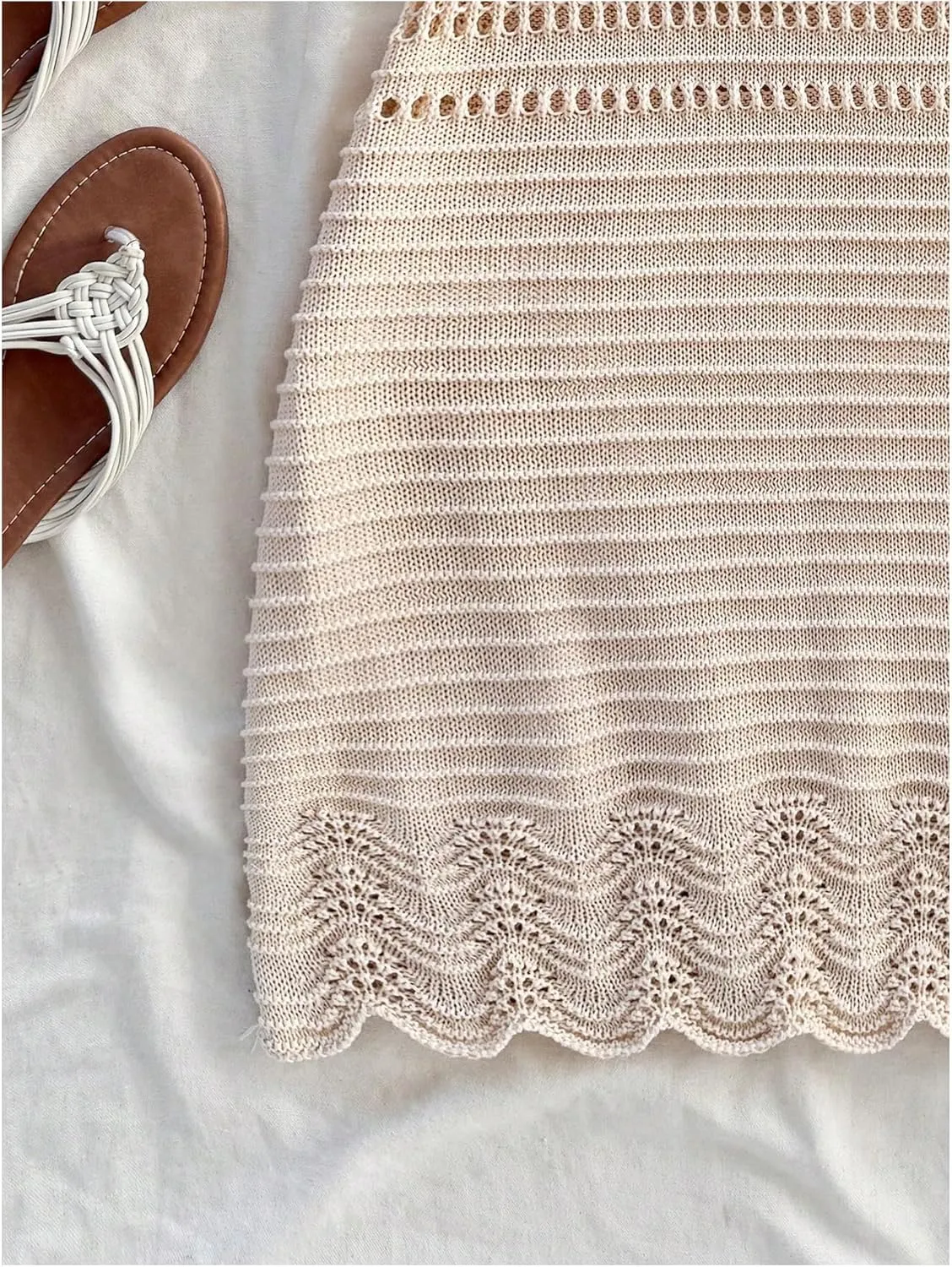 Women's Crochet Knit Halter Mini Dress Tie Front Backless Hollow Out Bodycon Summer Beach Dresses