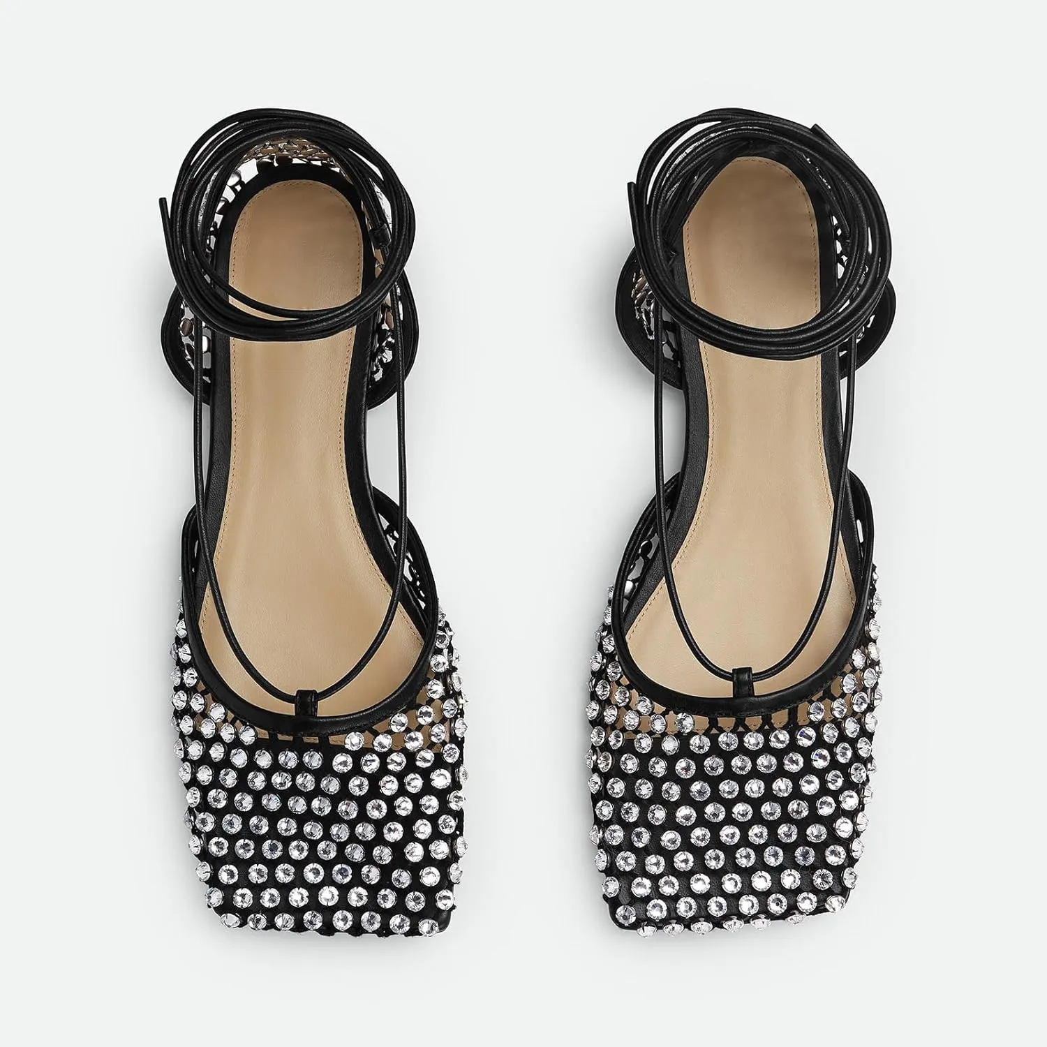 Women's Crystal Mesh Flats Rhinestone Lace-Up Closed Square Toe Ankle Strappy Sandals Fashion Comfort Sparkle Stretch Fishnet Shoes