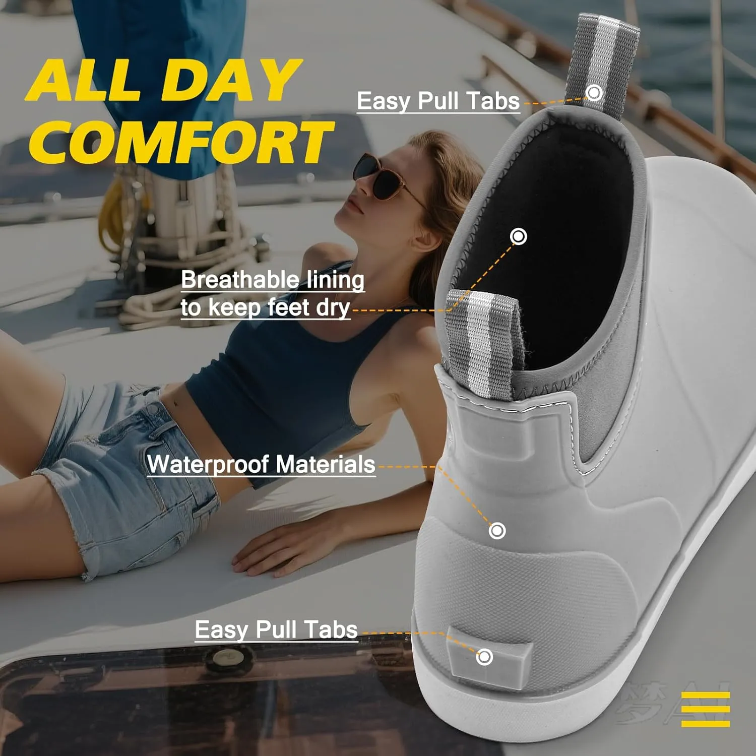 Women's Deck Boots, Rubber Rain Boots Chelsea Ankle Booties with Anti-Slip Sole Waterproof Fishing Shoes for Outdoor Work Garden Camping