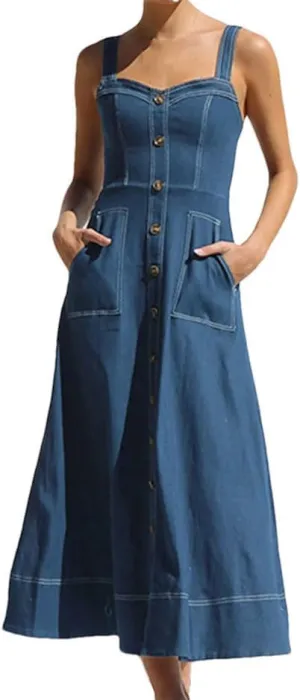 Women’S Denim Suspenders Dress Vintage Button Elegant Jean Dress Formal Party Vestido