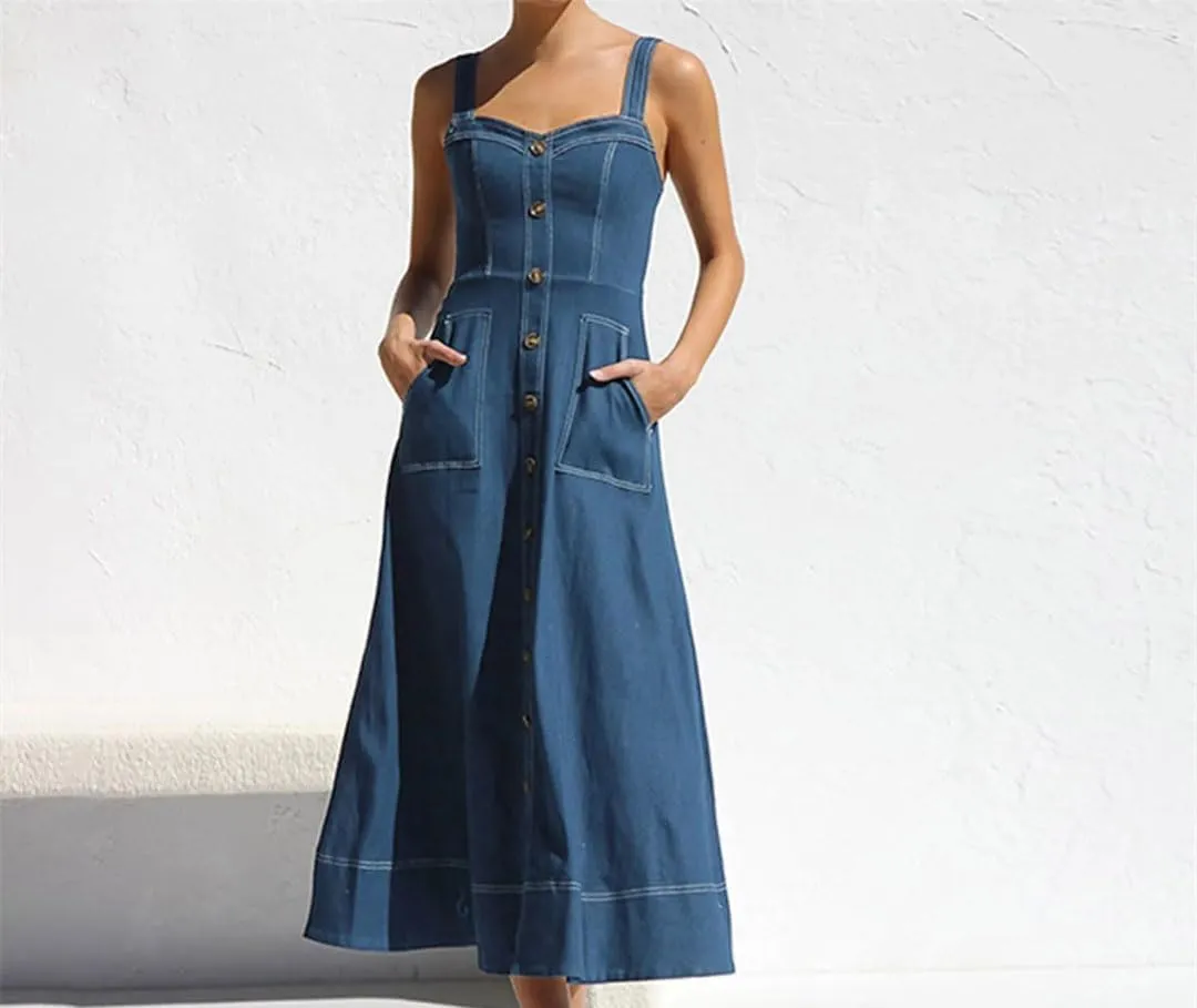 Women’S Denim Suspenders Dress Vintage Button Elegant Jean Dress Formal Party Vestido