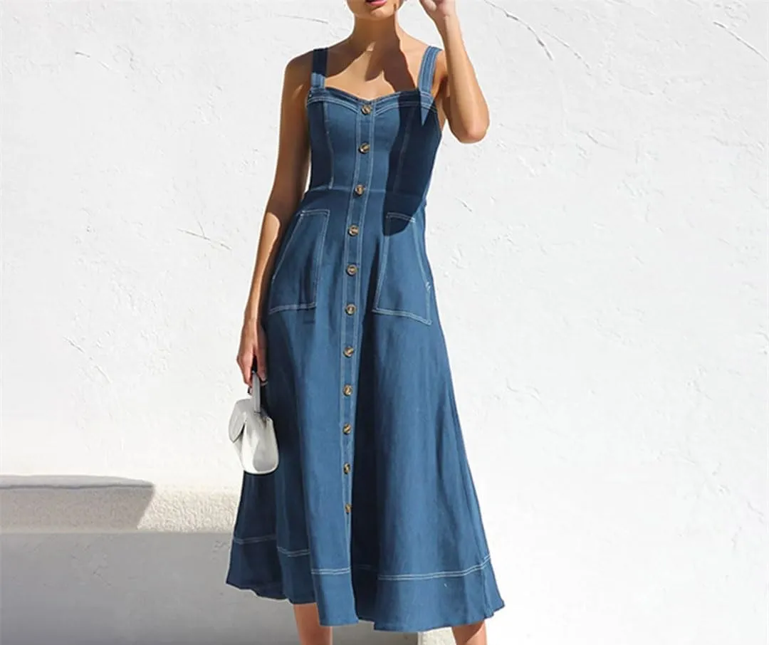 Women’S Denim Suspenders Dress Vintage Button Elegant Jean Dress Formal Party Vestido
