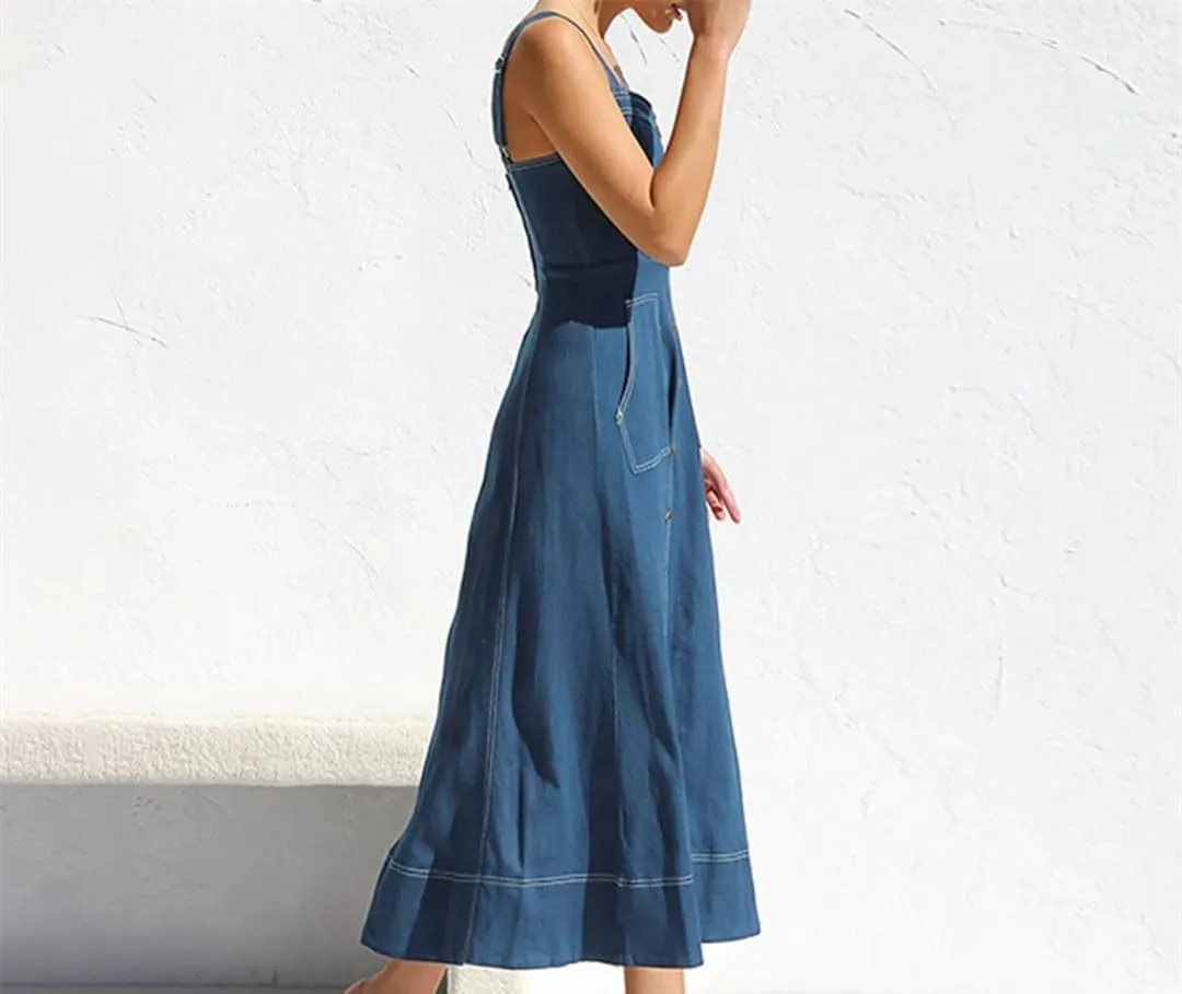 Women’S Denim Suspenders Dress Vintage Button Elegant Jean Dress Formal Party Vestido