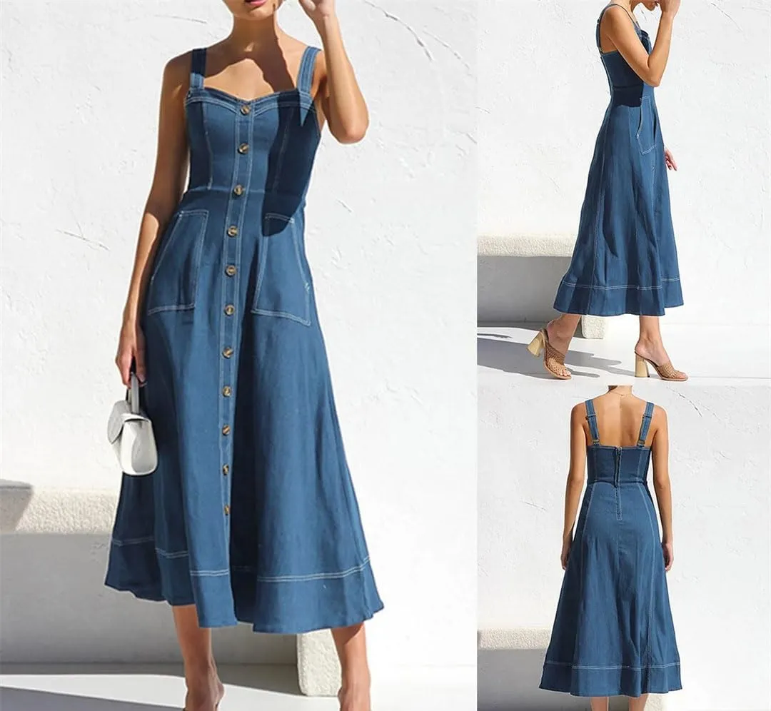 Women’S Denim Suspenders Dress Vintage Button Elegant Jean Dress Formal Party Vestido