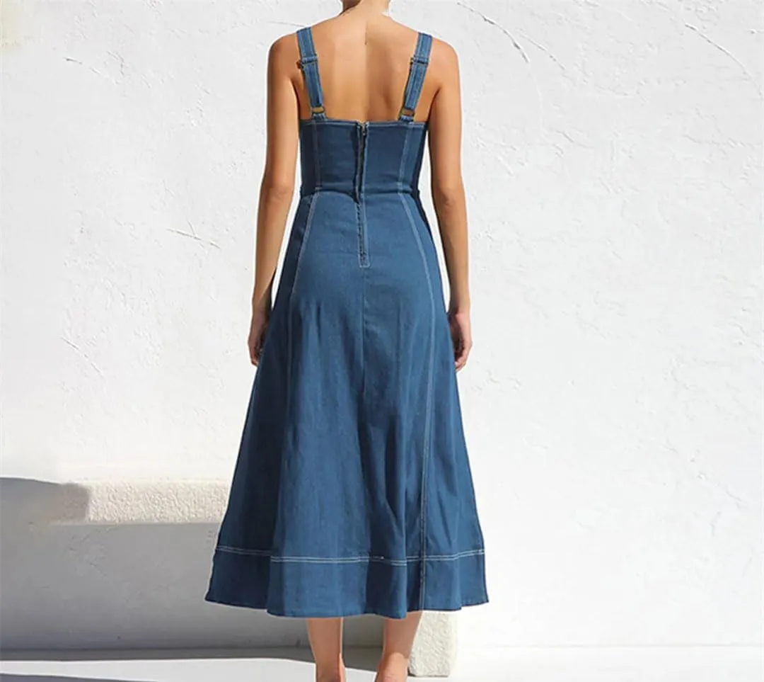 Women’S Denim Suspenders Dress Vintage Button Elegant Jean Dress Formal Party Vestido