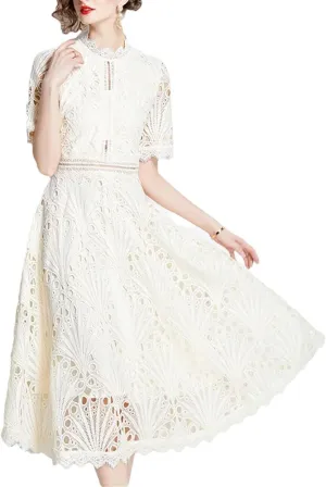 Women's Elegant Casual Work Party Dresses Floral Hollow Out Lace Casual Office Midi Dress Apricot