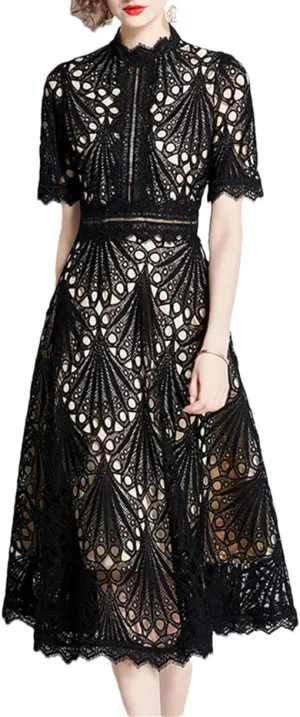 Women's Elegant Casual Work Party Dresses Floral Hollow Out Lace Casual Office Midi Dress Black