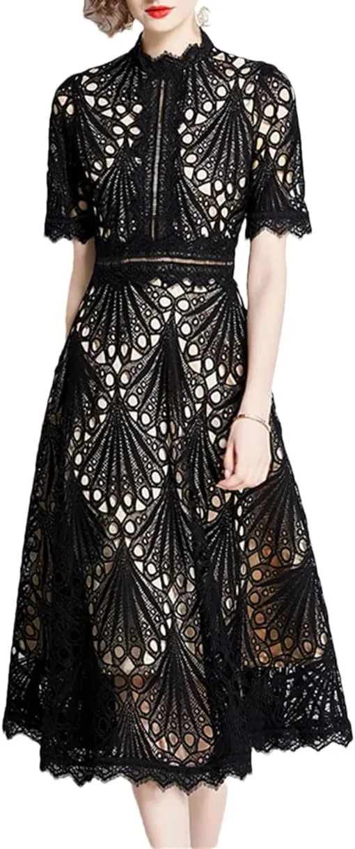 Women's Elegant Casual Work Party Dresses Floral Hollow Out Lace Casual Office Midi Dress Black