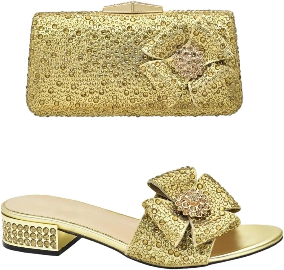 Women's Elegant Italian Floral Shoe and Bag Set with Low Square Heel Slip-On Closure Round Toe Party Pumps