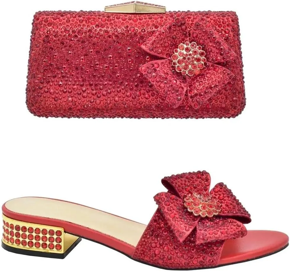 Women's Elegant Italian Floral Shoe and Bag Set with Low Square Heel Slip-On Closure Round Toe Party Pumps