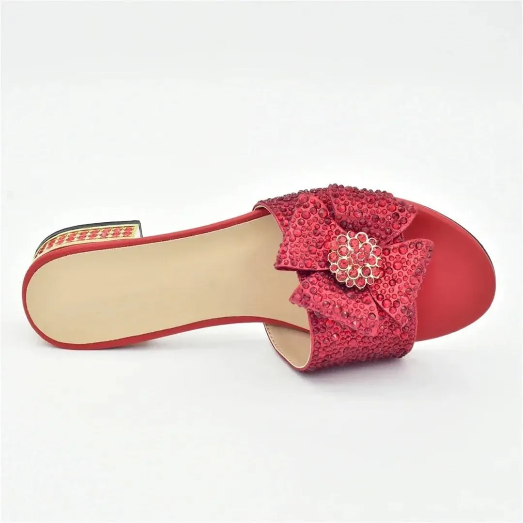 Women's Elegant Italian Floral Shoe and Bag Set with Low Square Heel Slip-On Closure Round Toe Party Pumps