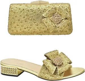 Women's Elegant Italian Floral Shoe and Bag Set with Low Square Heel Slip-On Closure Round Toe Party Pumps