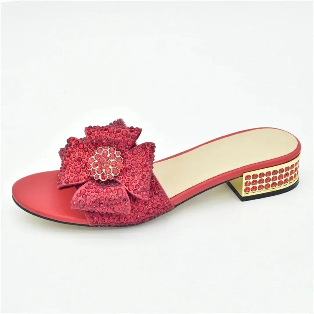 Women's Elegant Italian Floral Shoe and Bag Set with Low Square Heel Slip-On Closure Round Toe Party Pumps