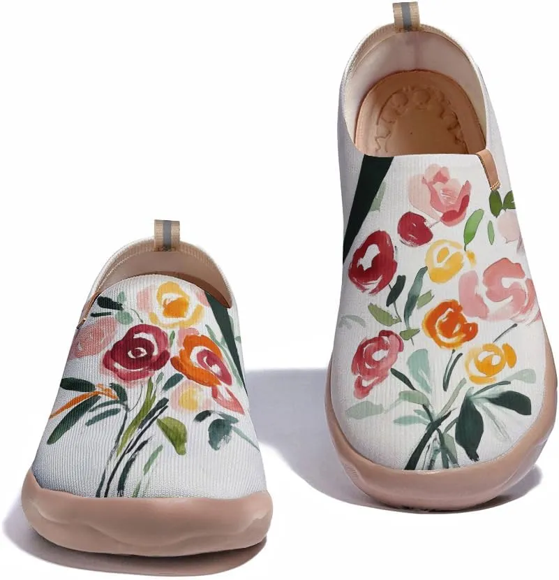 Women's Fashion Floral Art Sneakers Painted Knitted Slip-On Sneakers Lightweight and Comfortable Loafers