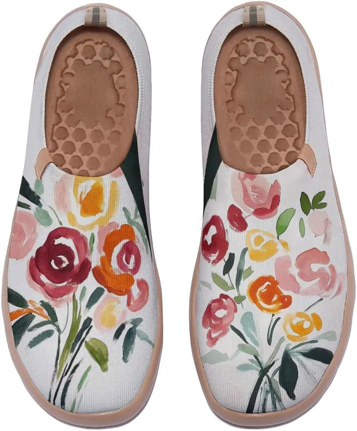 Women's Fashion Floral Art Sneakers Painted Knitted Slip-On Sneakers Lightweight and Comfortable Loafers