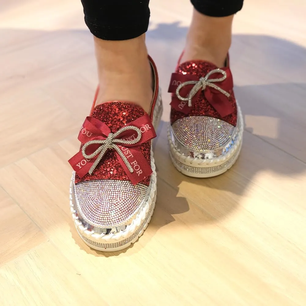 Women's Fashion Rhinestone Slip On Sneakers Casual Comfort Platform Walking Shoes Cute Bowknot Glitter Bling Loafers