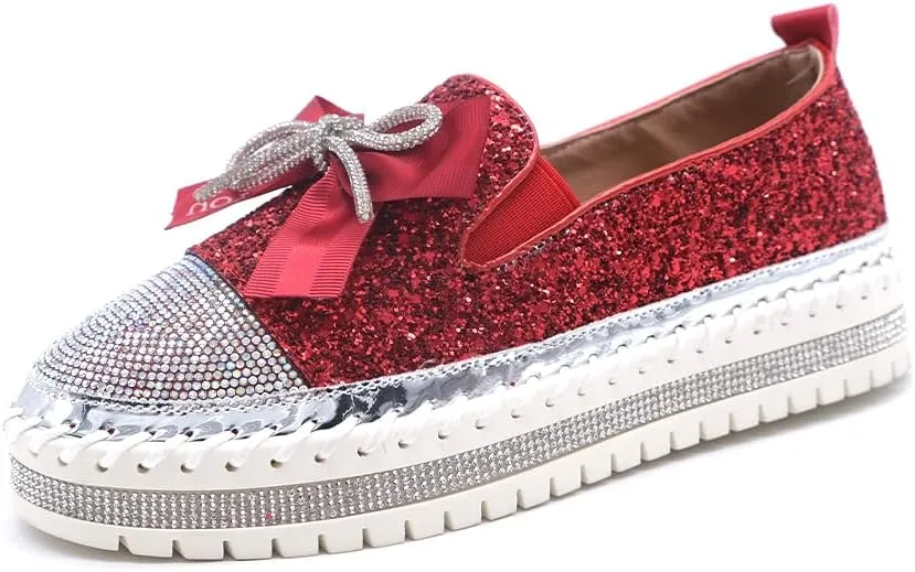 Women's Fashion Rhinestone Slip On Sneakers Casual Comfort Platform Walking Shoes Cute Bowknot Glitter Bling Loafers