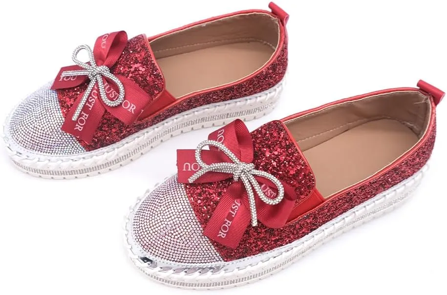 Women's Fashion Rhinestone Slip On Sneakers Casual Comfort Platform Walking Shoes Cute Bowknot Glitter Bling Loafers