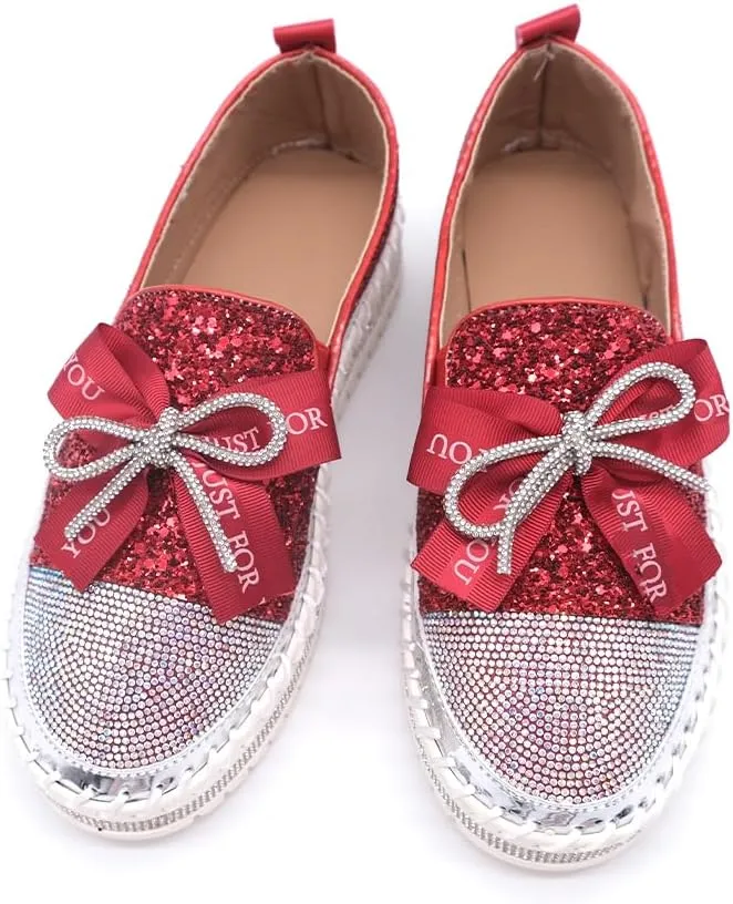 Women's Fashion Rhinestone Slip On Sneakers Casual Comfort Platform Walking Shoes Cute Bowknot Glitter Bling Loafers